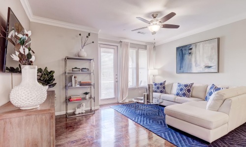 a living room with a blue couch